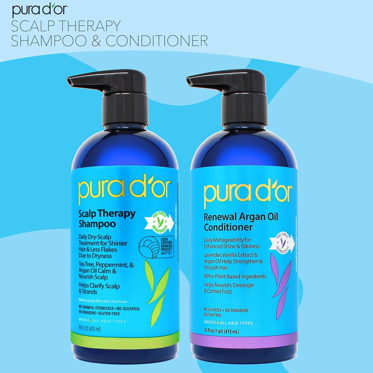 PURA D'OR Scalp Therapy Shampoo & Conditioner Bundle — Relaxing Valentine's Day Gift for Her