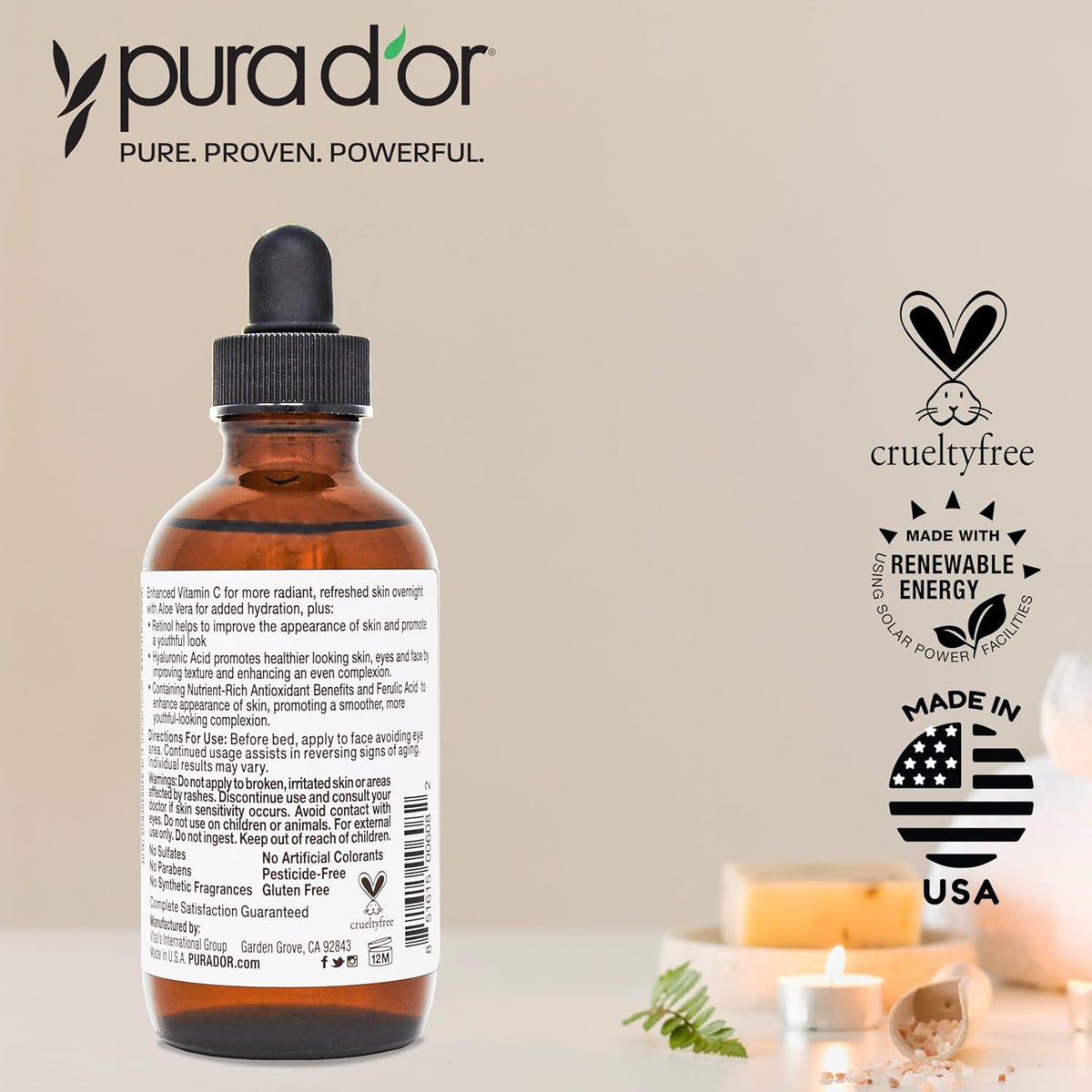 PURA D'OR Vitamin C Serum with Retinol 4 Oz – Elegant Holiday Gift for Her Skincare Routine