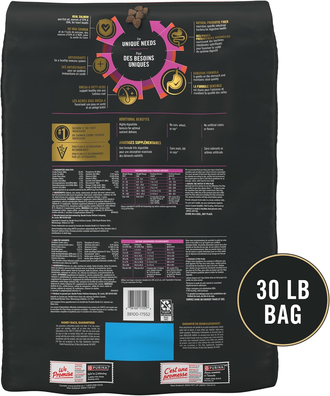 Purina Pro Plan Sensitive Skin and Stomach Dog Food Dry – Premium Adult Salmon & Rice Formula, 30 lb Bag