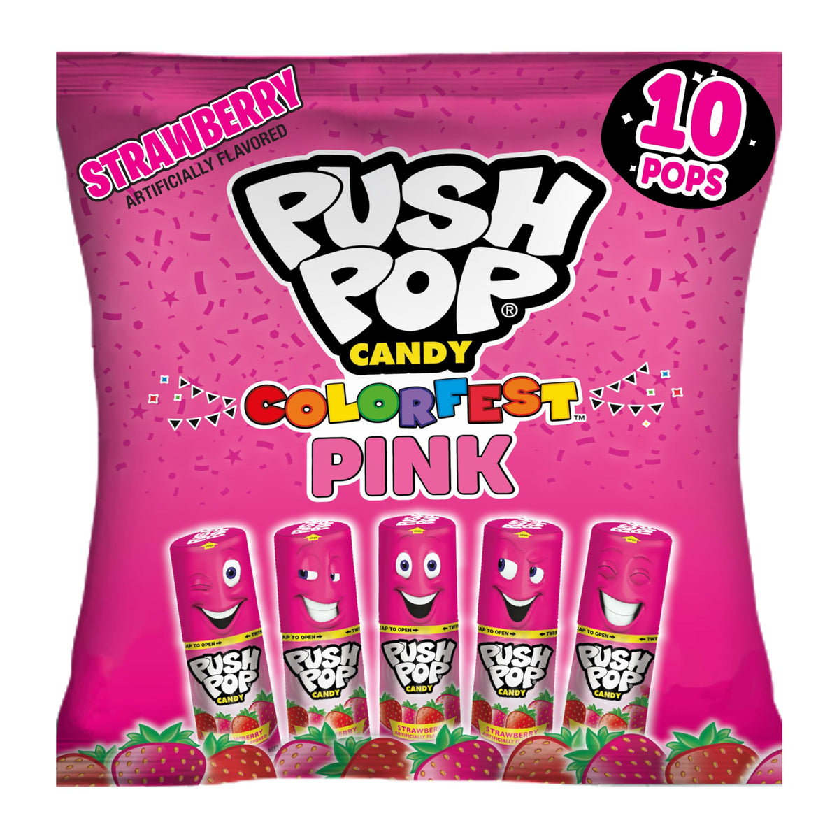 Push Pop Pink Easter Candy Lollipops, 10 Ct Individually Wrapped Lollipops in Pink Strawberry Flavor, Full Size, Fun Hard Candy For Birthday Parties, Easter Basket Stuffers, Egg Fillers, Party Favors