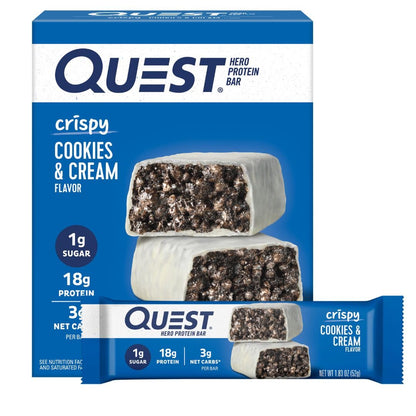 Quest Nutrition Crispy Cookies & Cream Hero Protein Bar – Travel-Ready Keto Snack for Road Trips and Flights, 18g Protein