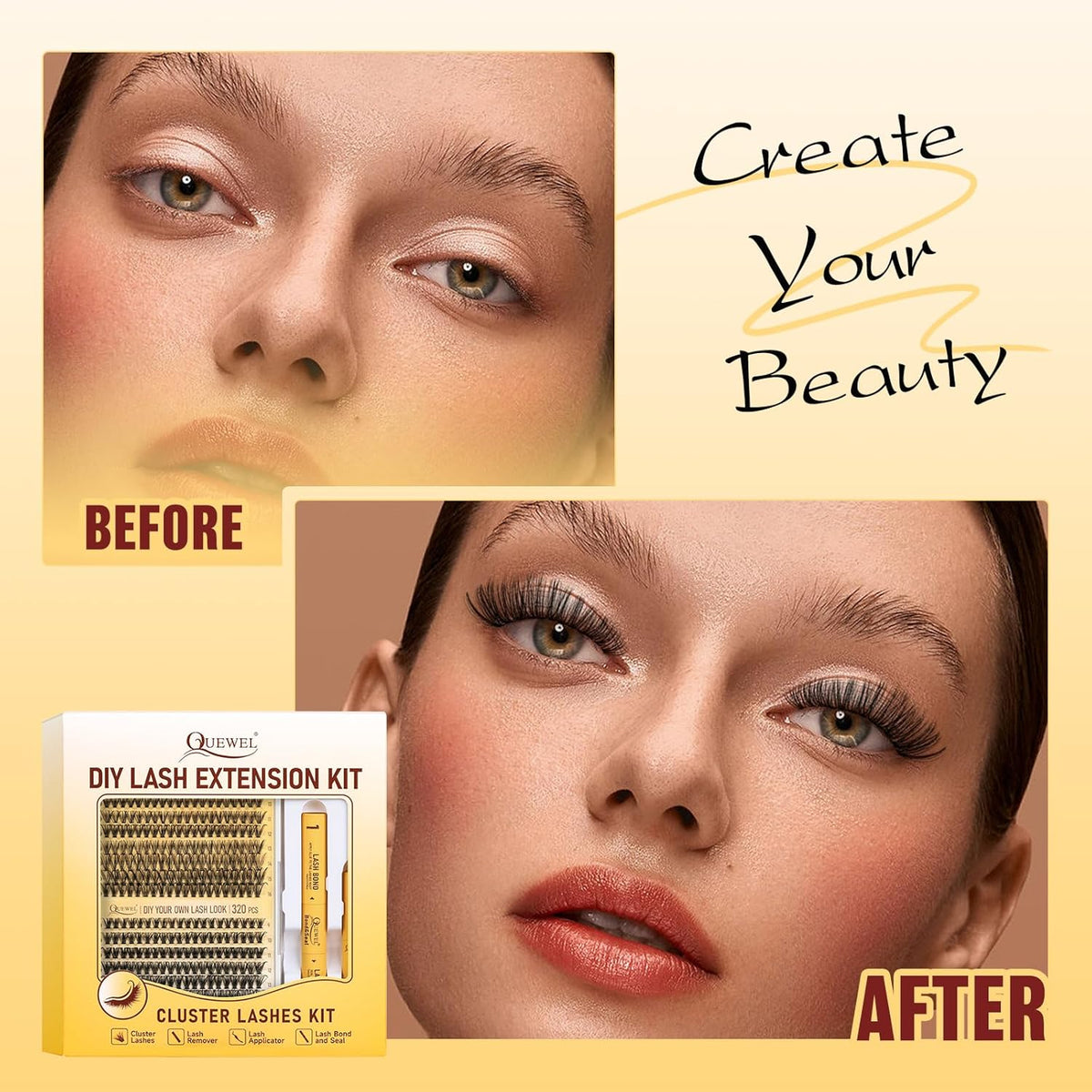QUEWEL Lash Clusters Kit — Stunning Birthday Gift for Her, Complete DIY Lash Extension Set