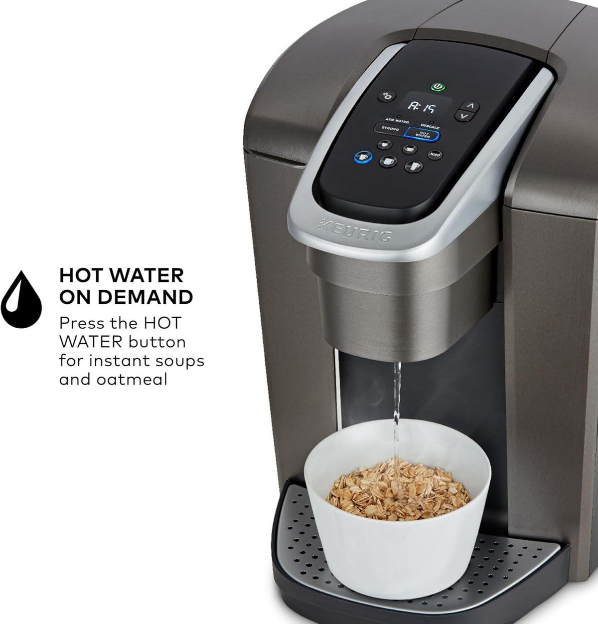 quiet brew technology and a removable drip tray accommodating travel mugs up to 7.2 inches tall