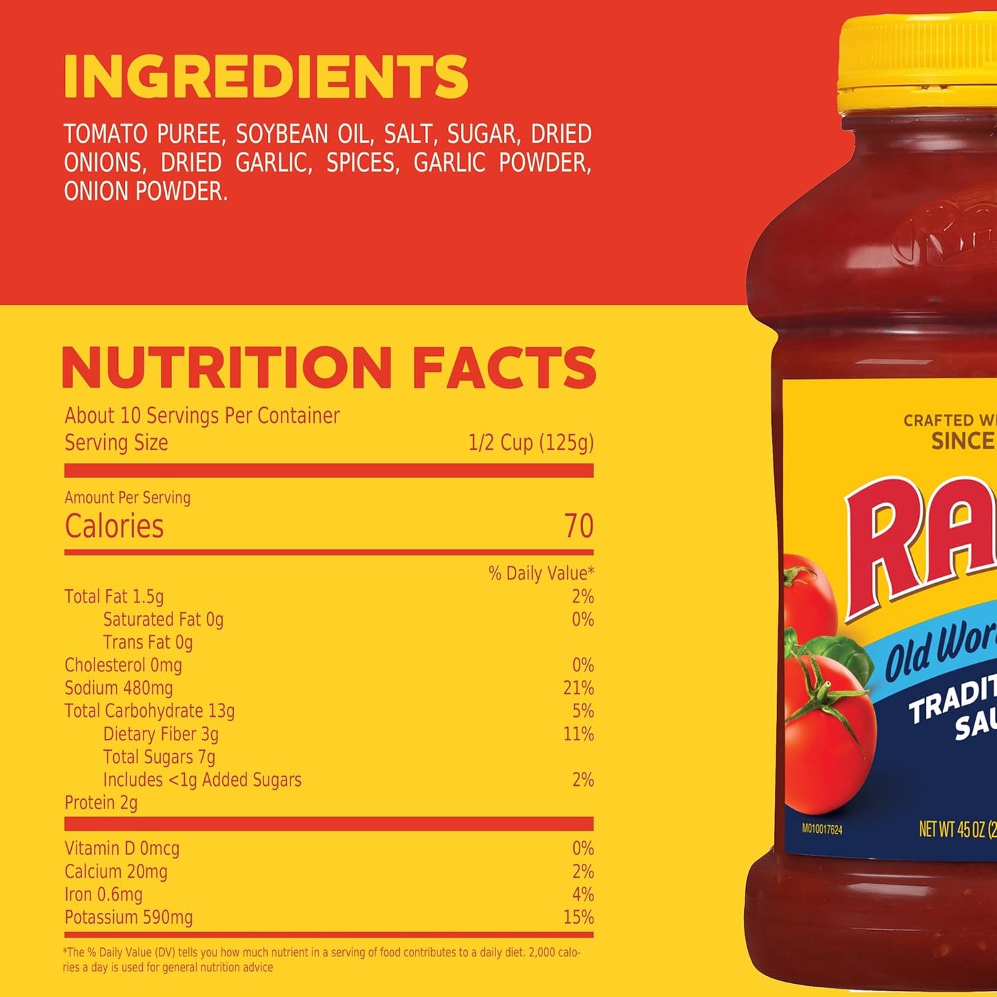 Ragu Old World Style Traditional Sauce, Made with Olive Oil, Pantry Staple for Italian Family Dinners, 45 oz