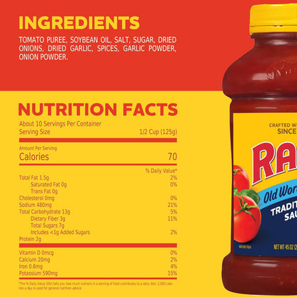 Ragu Old World Style Traditional Sauce, Made with Olive Oil, Pantry Staple for Italian Family Dinners, 45 oz