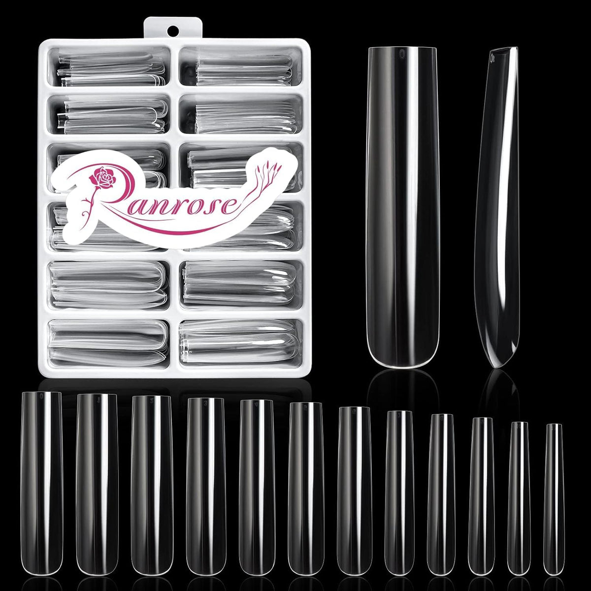 Ranrose Extra Long Nail Tips, 240PCS XXXL Long Square Acrylic Nails Full Cover Clear Long Straight Tapered Square Nail Tips 12 Sizes Pre-shaped Fake Nails for DIY Press On Nail Extensions for Women