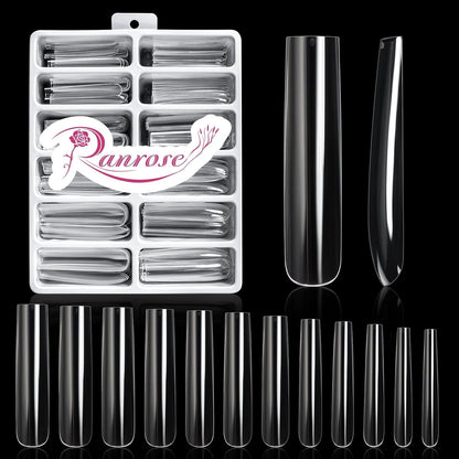 Ranrose Extra Long Nail Tips, 240PCS XXXL Long Square Acrylic Nails Full Cover Clear Long Straight Tapered Square Nail Tips 12 Sizes Pre-shaped Fake Nails for DIY Press On Nail Extensions for Women