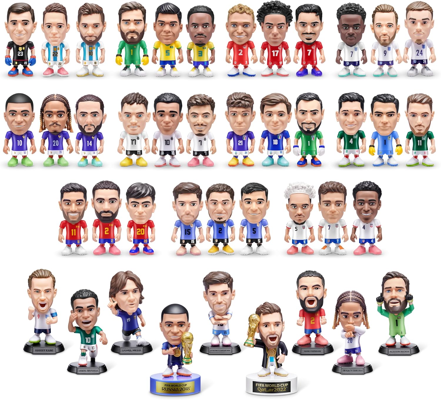 rare frozen-moment figures depicting messi and mbappé holding the fifa world cup trophy