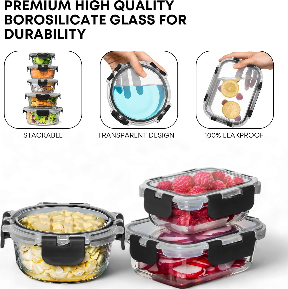 Razab 30 PC Glass Meal Prep Containers – BPA-Free Storage for Clean-Eating Wellness and Portion-Tracking Lifestyles