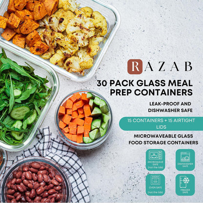 Razab 30 PC Glass Meal Prep Containers – BPA-Free Storage for Clean-Eating Wellness and Portion-Tracking Lifestyles