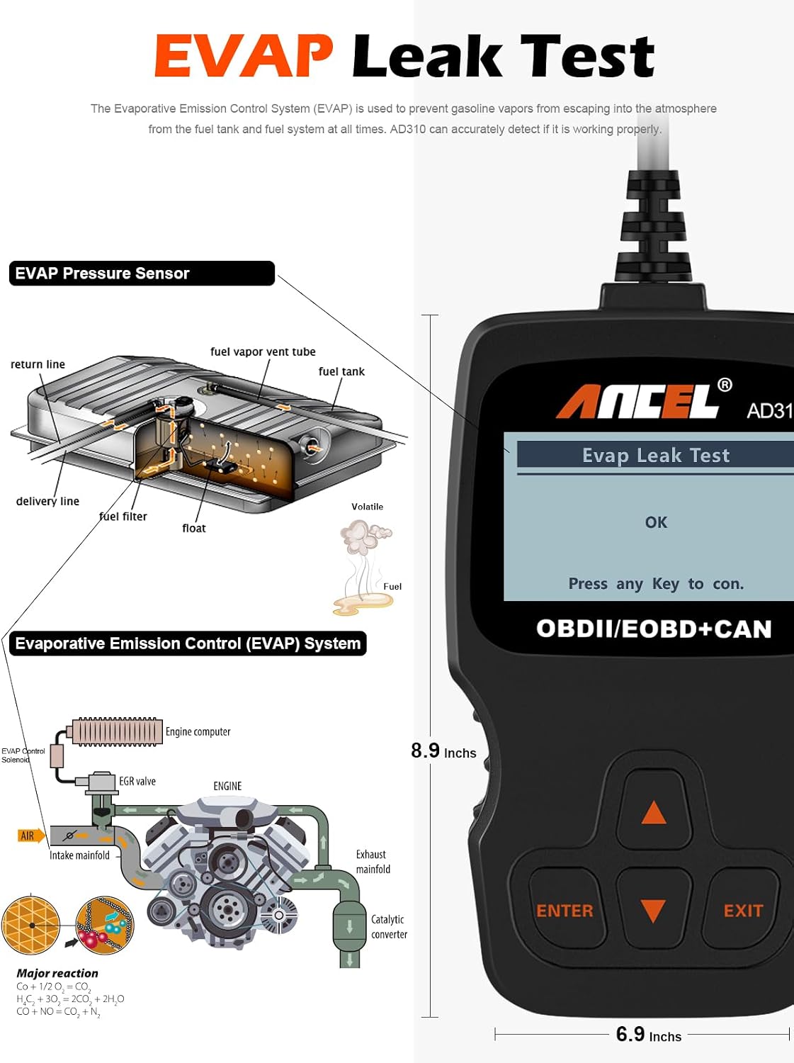 read and clear diagnostic trouble codes, view freeze frame, i/m readiness, and live/hard memory data