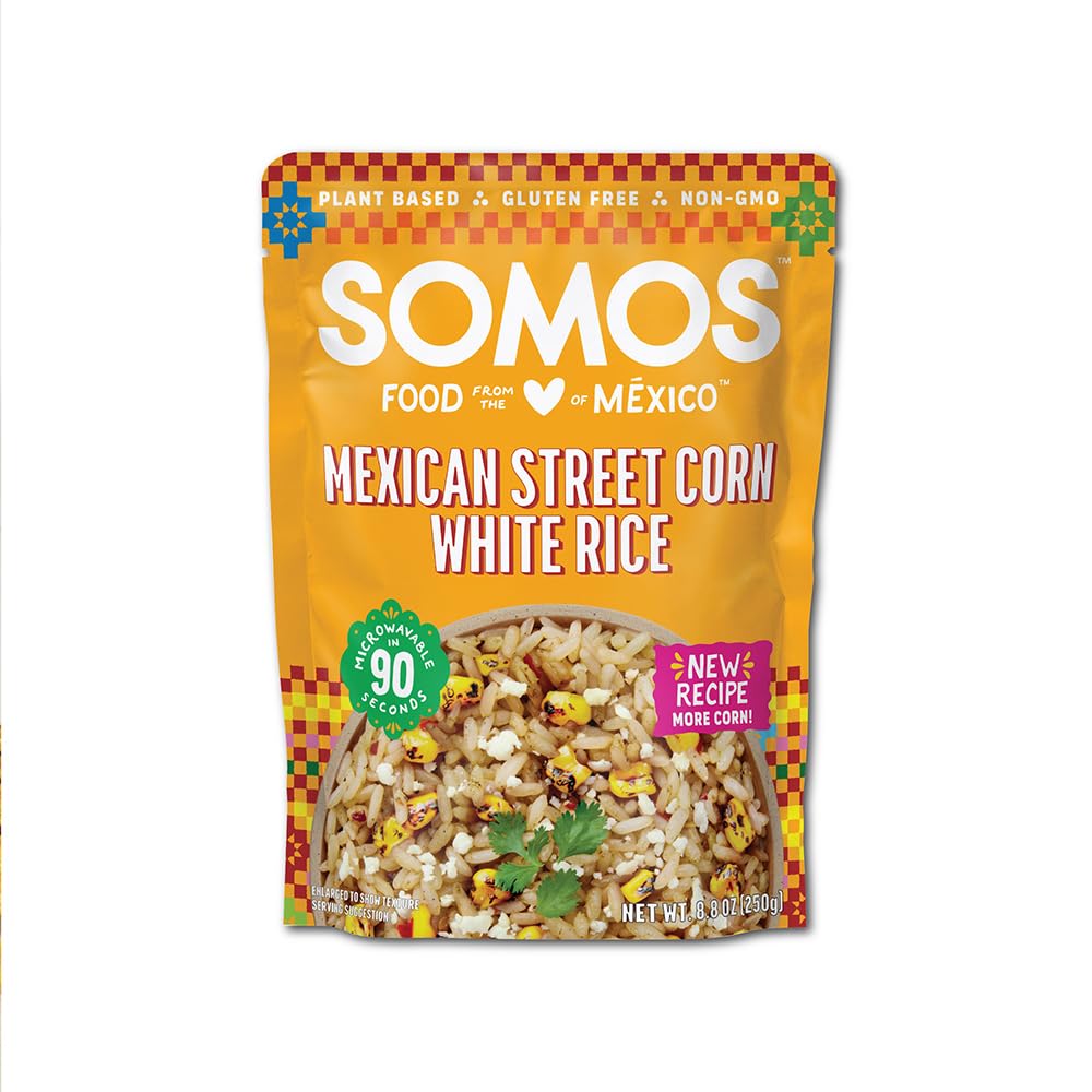 ready-to-eat microwaveable white rice with elote/street corn seasoning