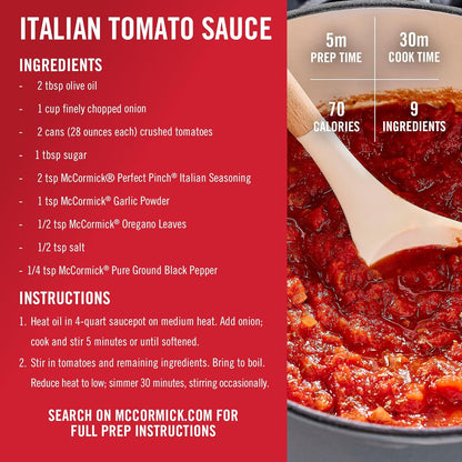 recipe guidance included on label (e.g., 2 tsp for baked ziti)