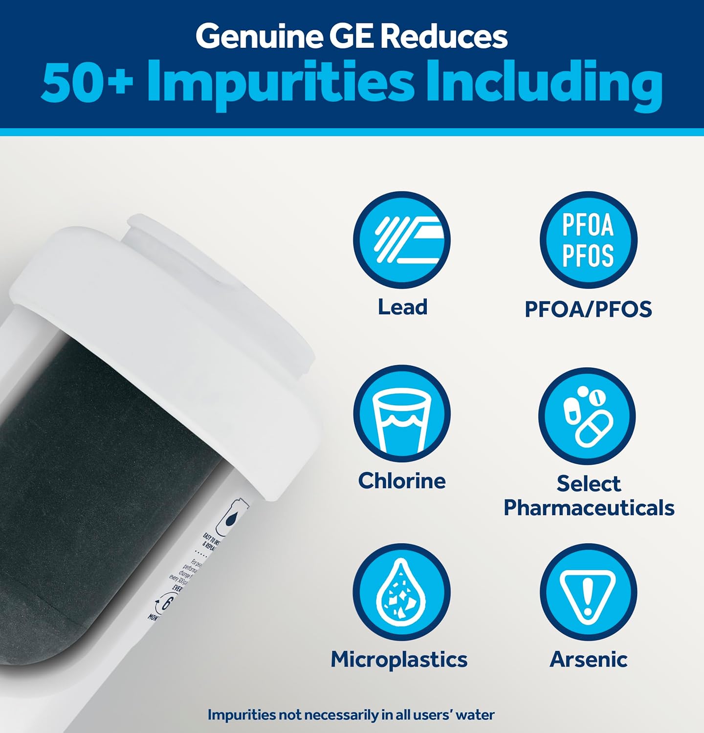 reduces 50+ impurities including lead, chlorine, pfoa/pfos, microplastics, arsenic, and 5 trace pharmaceuticals (ibuprofen, progesterone, atenolol, trimethoprim, fluoxetine)