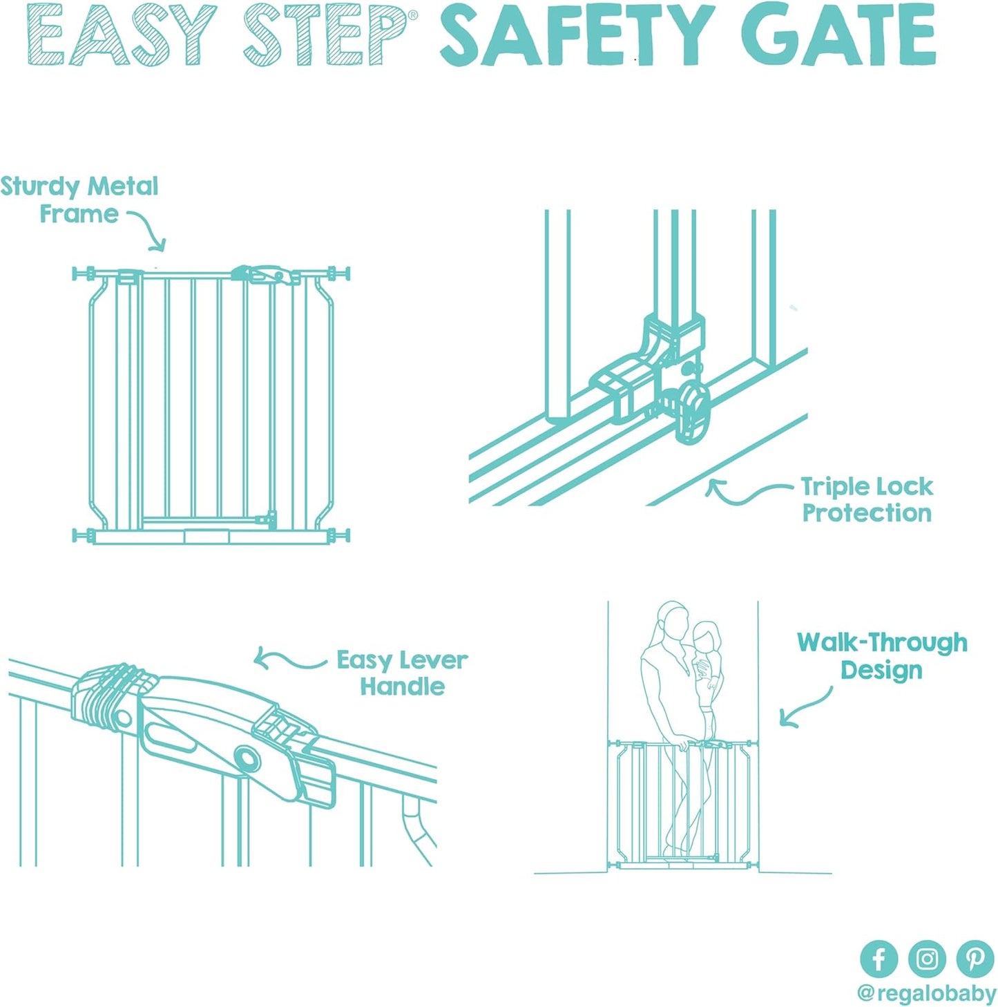 Regalo Baby Gate with Door – Pressure Mounted Stair Barrier for Babies, Toddlers and Small Dogs, Tool-Free Doorway Safety Gate