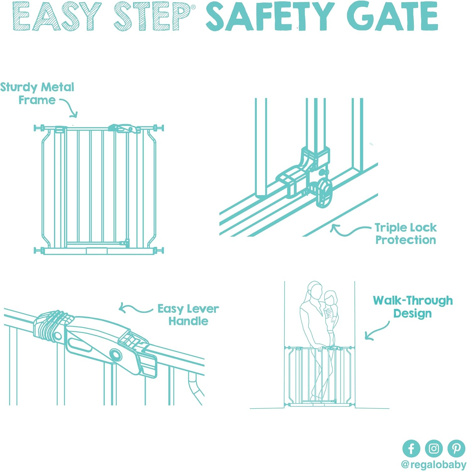 Regalo Baby Gate with Door – Pressure Mounted Stair Barrier for Babies, Toddlers and Small Dogs, Tool-Free Doorway Safety Gate