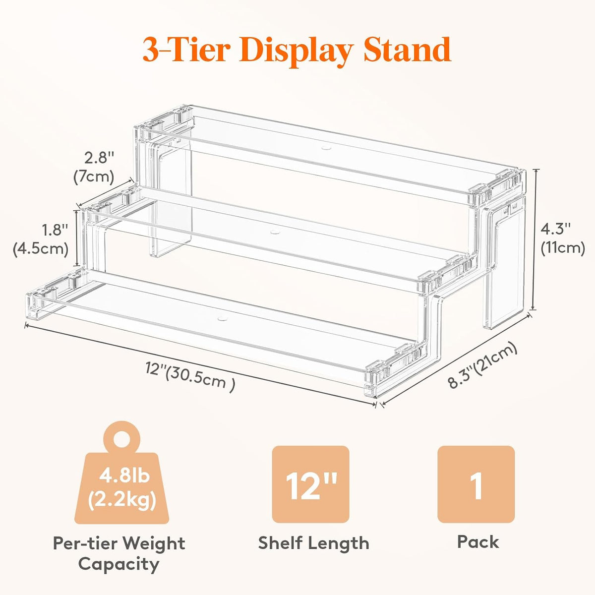 reinforced edge construction supporting up to 4.8 lb (2.2 kg) per tier