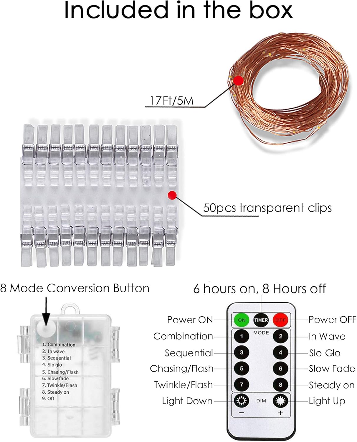 remote control with 8 lighting modes including steady on, twinkle, slow fade, and chasing flash
