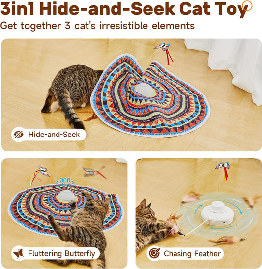 removable cover revealing a chasing feather wand for hide-and-seek play