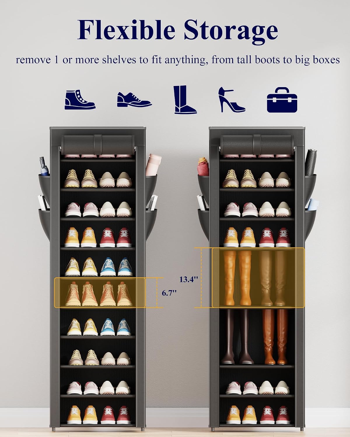 removable/repositionable fabric shelves to accommodate boots and heels
