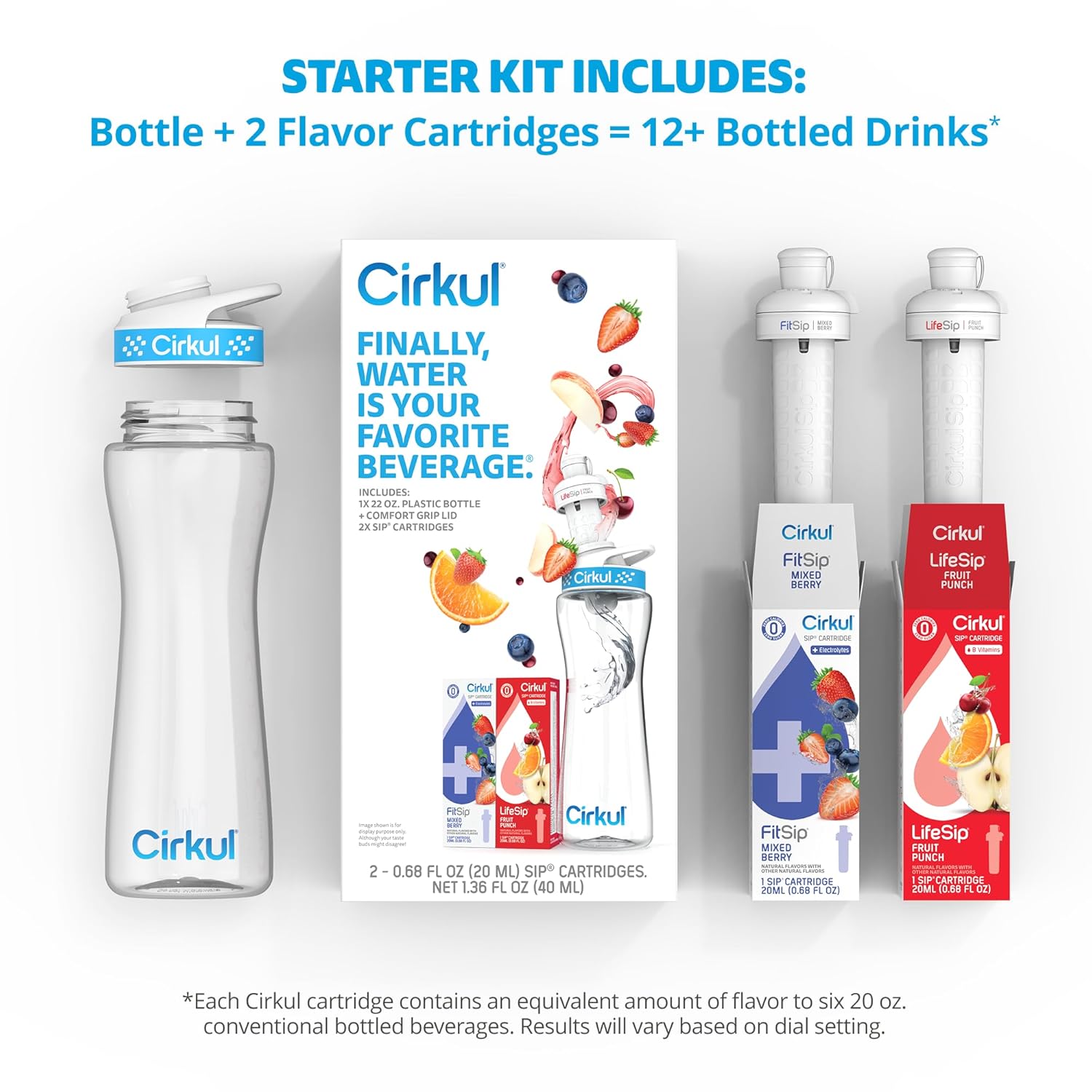 replaceable flavor cartridges (lifesip and fitsip lines) with 6x 20oz bottle equivalent