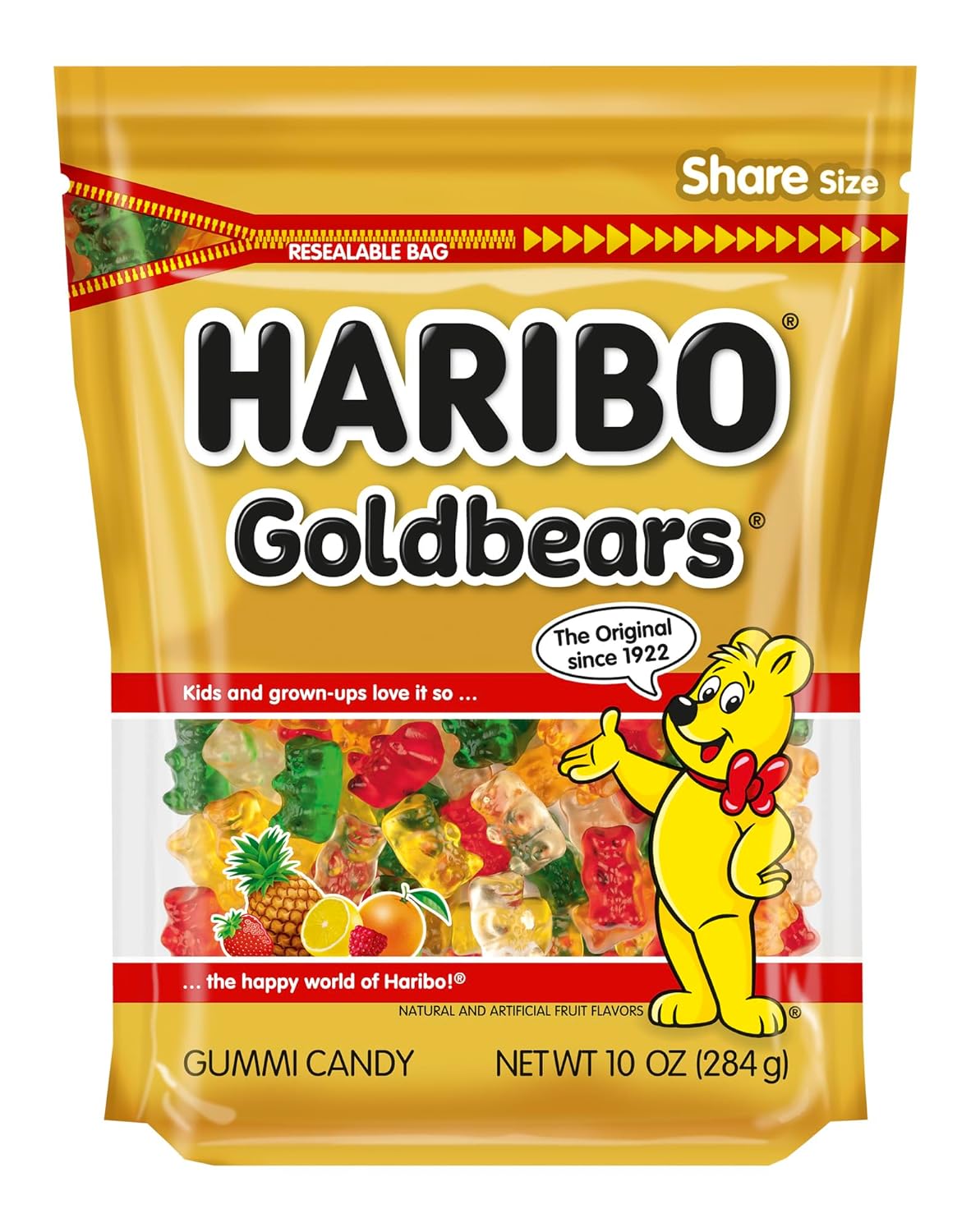 resealable 10 oz bag (goldbears) and 8.3 oz bag (twin snakes) for freshness