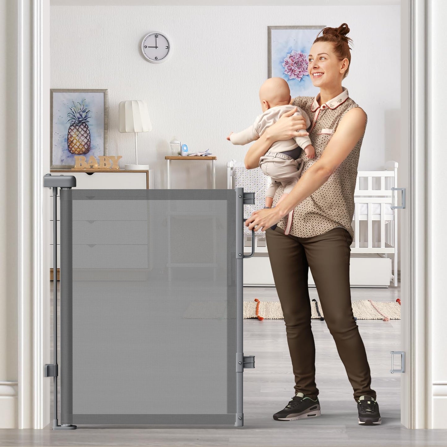 Retractable Mesh Baby Gate – Disappearing Wall-Mount Barrier for Minimalist Homes, 55" Wide 34" Tall