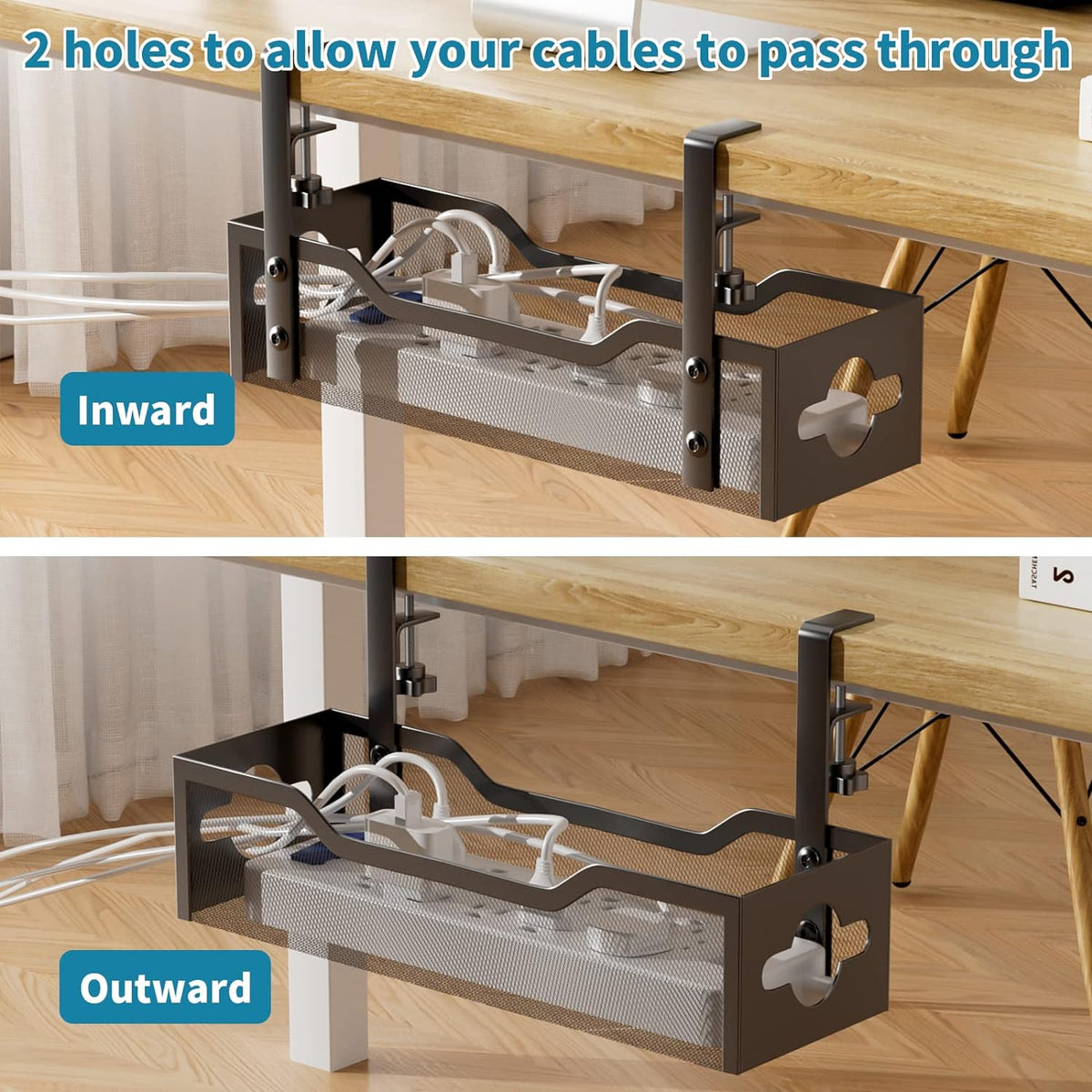 reversible clamp orientation for inward or outward desk-edge installation