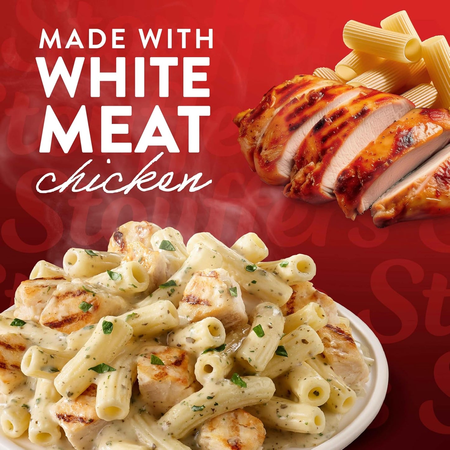 rigatoni pasta tossed with roasted chicken in basil pesto sauce