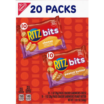 RITZ Bits Cheese and PB Sandwich Crackers – Kid-Friendly Pantry Snacks for Lunchboxes, Field Trips, and Playdates, 20-Count Variety Pack