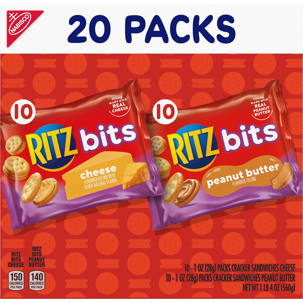 RITZ Bits Cheese and PB Sandwich Crackers – Kid-Friendly Pantry Snacks for Lunchboxes, Field Trips, and Playdates, 20-Count Variety Pack