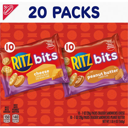 RITZ Bits Cheese and PB Sandwich Crackers – Kid-Friendly Pantry Snacks for Lunchboxes, Field Trips, and Playdates, 20-Count Variety Pack