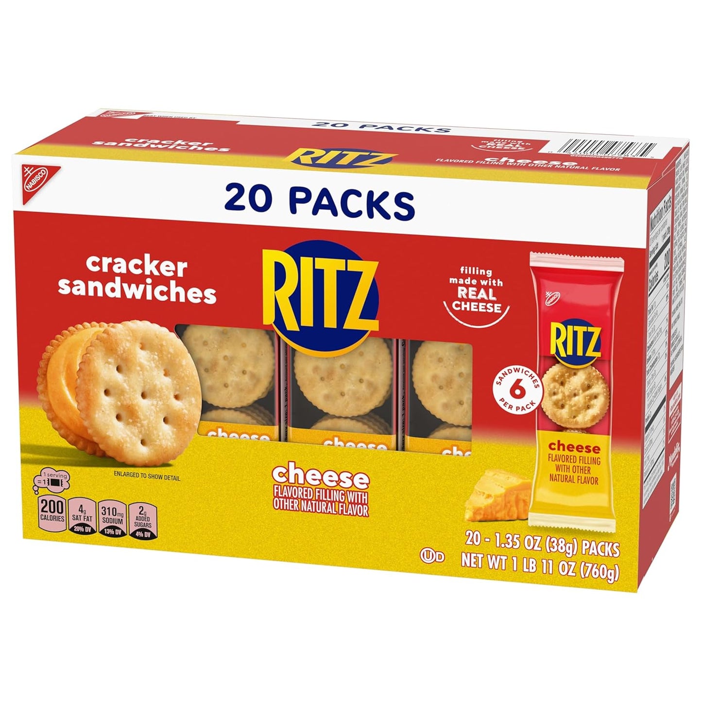RITZ Cheese Sandwich Crackers, Lunchbox Snack for Kids' School Cafeteria Lunches, 20 Individually Wrapped Packs