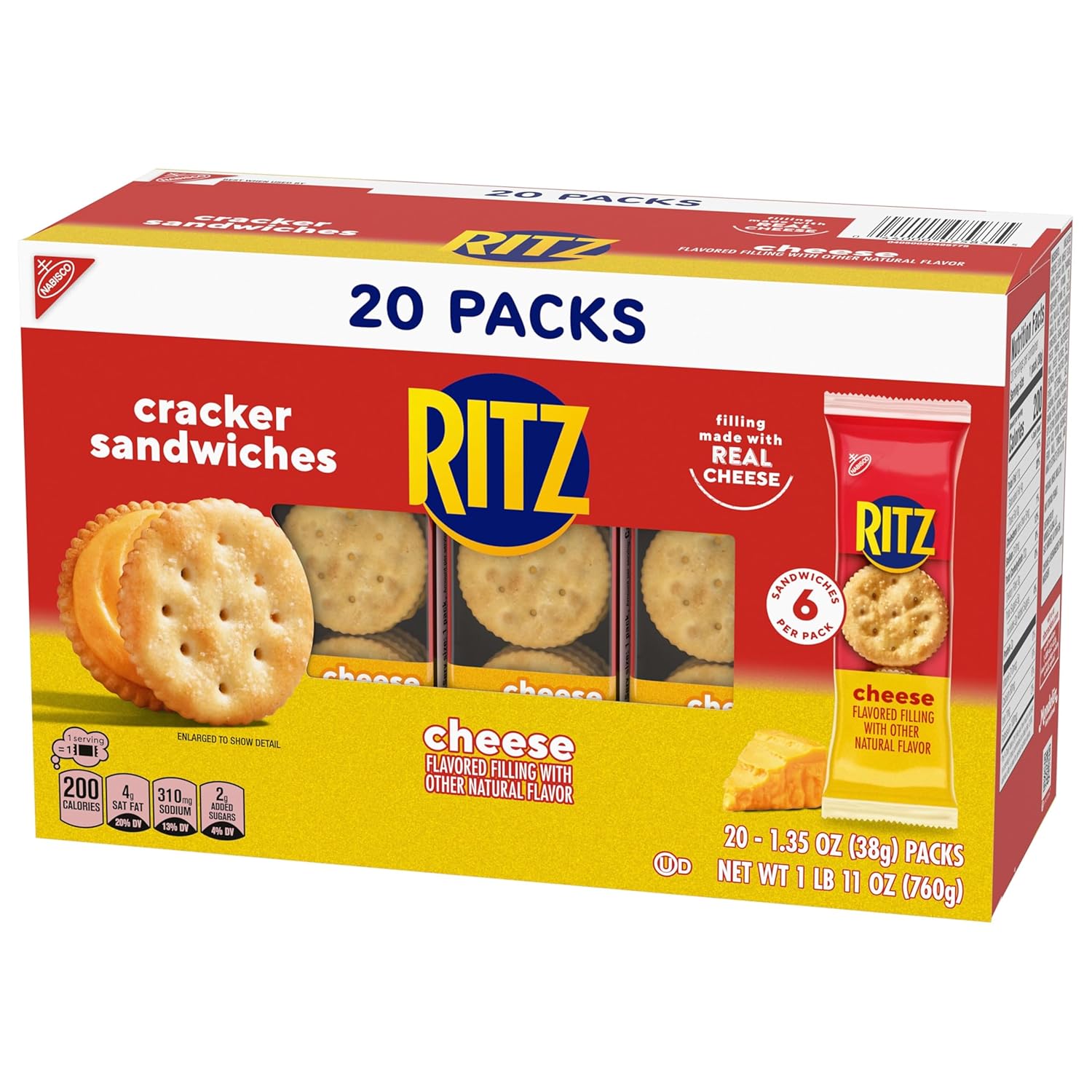 RITZ Cheese Sandwich Crackers, Lunchbox Snack for Kids' School Cafeteria Lunches, 20 Individually Wrapped Packs