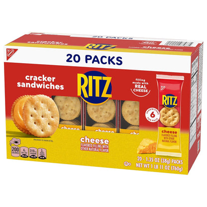 RITZ Cheese Sandwich Crackers, Lunchbox Snack for Kids' School Cafeteria Lunches, 20 Individually Wrapped Packs