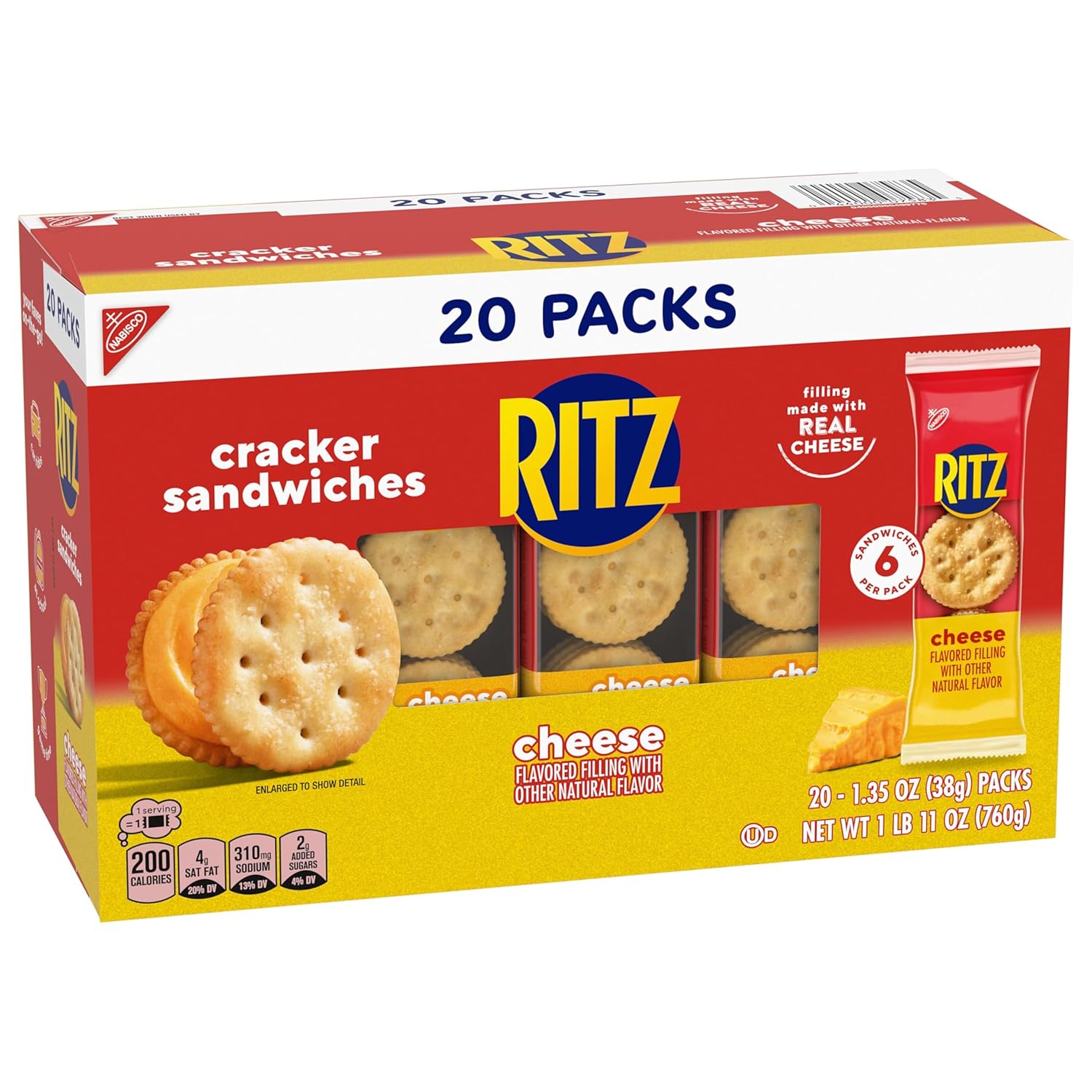 RITZ Cheese Sandwich Crackers, Lunchbox Snack for Kids' School Cafeteria Lunches, 20 Individually Wrapped Packs