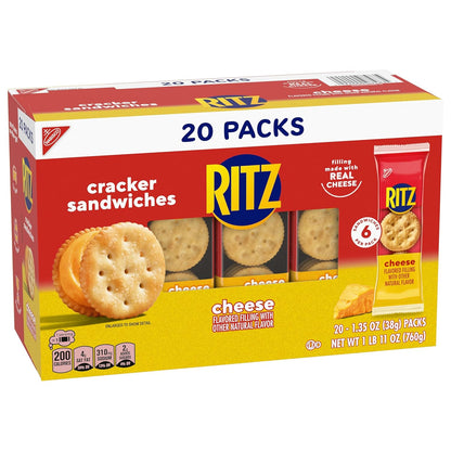 RITZ Cheese Sandwich Crackers, Lunchbox Snack for Kids' School Cafeteria Lunches, 20 Individually Wrapped Packs