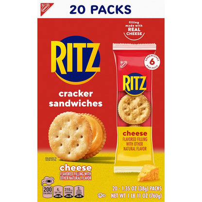 RITZ Cheese Sandwich Crackers, Lunchbox Snack for Kids' School Cafeteria Lunches, 20 Individually Wrapped Packs