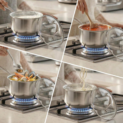 riveted stainless steel handle designed to stay cool during stovetop use