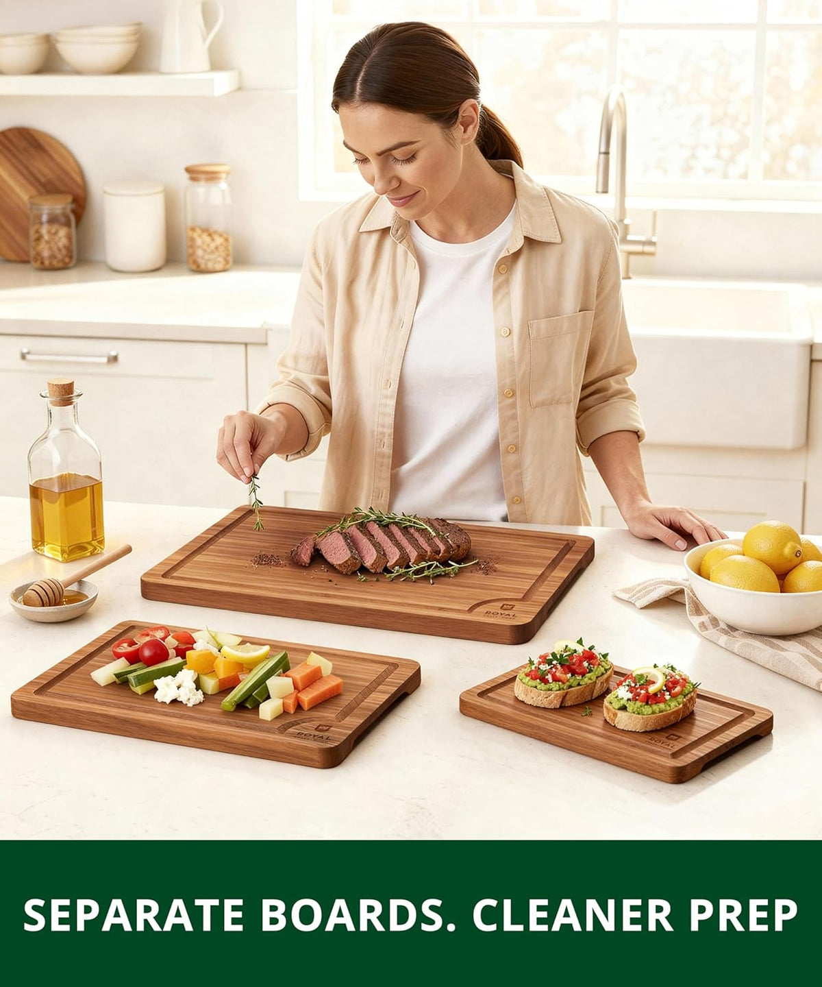 ROYAL CRAFT WOOD 3-Piece Cutting Board Set – Warm Farmhouse Kitchen Accent with Natural Wood Finish