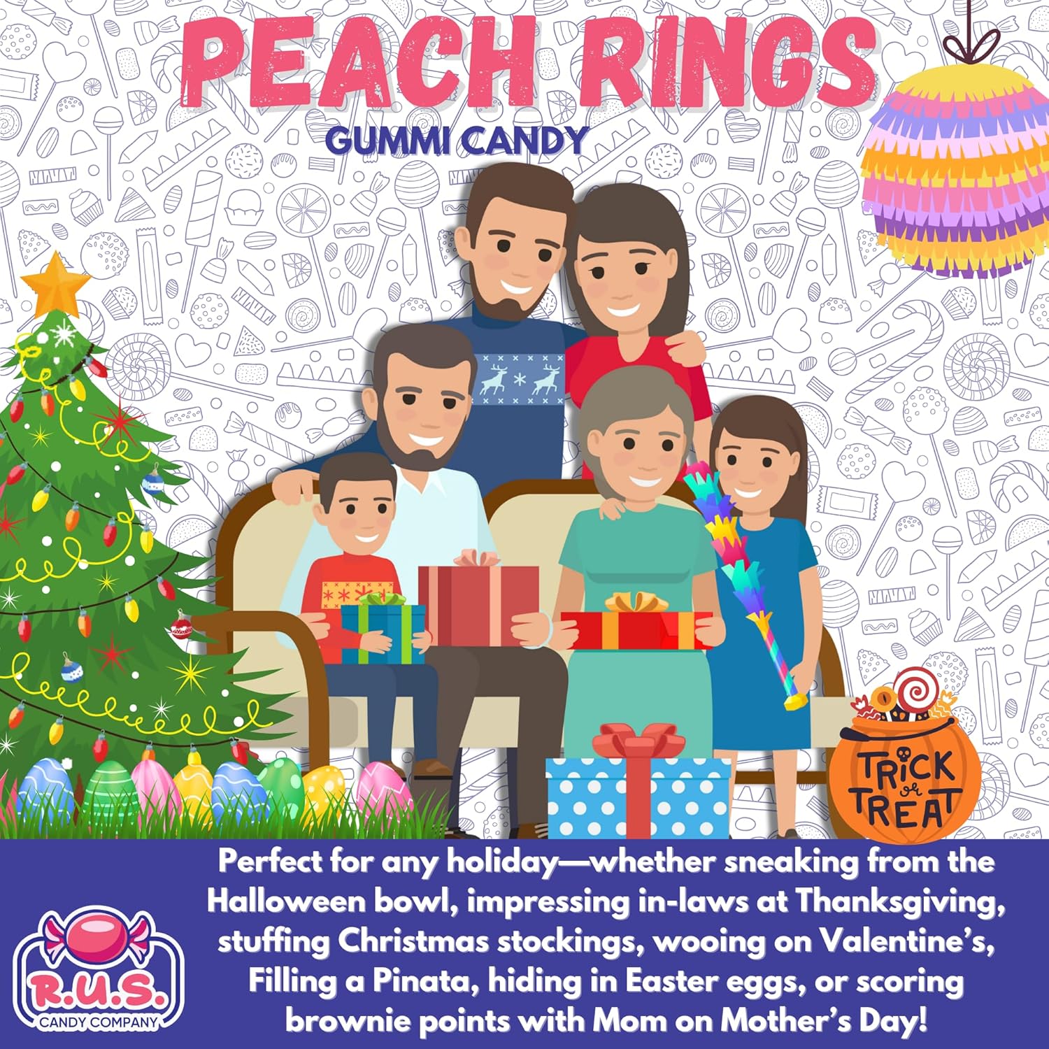RUS Candy Company Peach Ring Gummies 8 oz Resealable Bag – Travel-Friendly Road Trip Snack for the Car Cup Holder