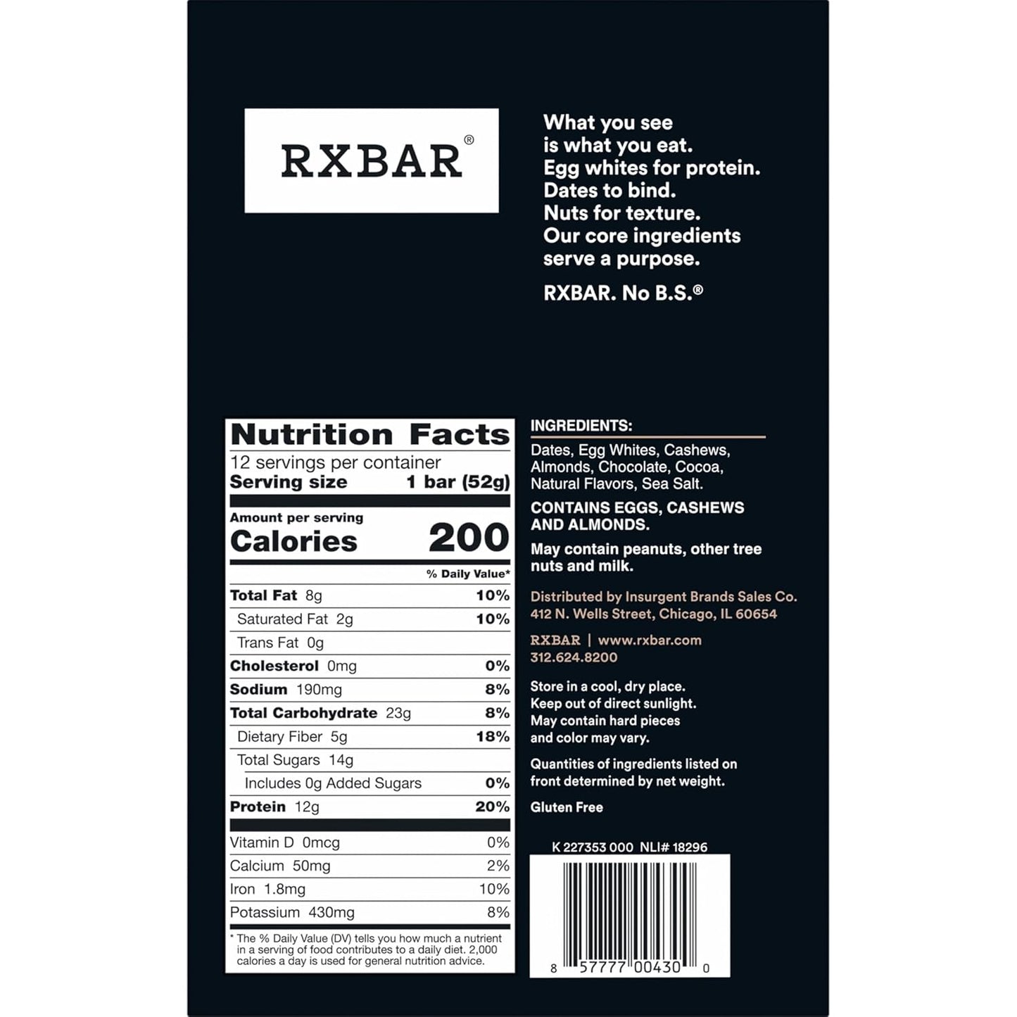 RXBAR Chocolate Sea Salt Protein Bars – Thoughtful Healthy Gift for the Fitness Lover, 12-Count Resealable Pouch