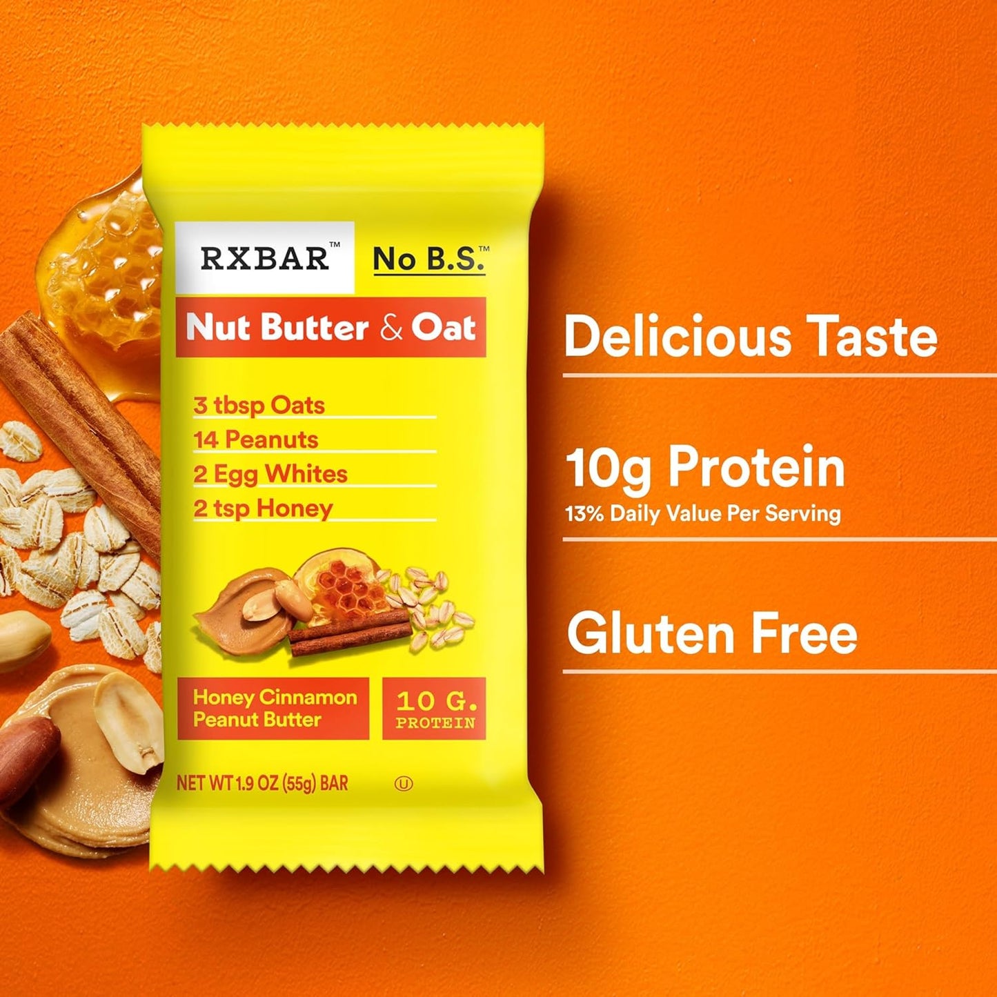 RXBAR Honey Cinnamon Peanut Butter Bar – Trail-Ready Hiking Snack with 10g Protein