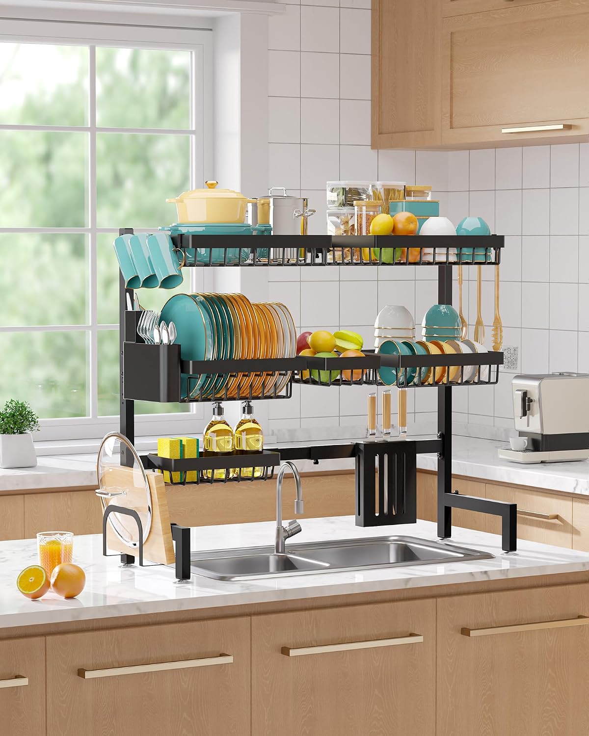 Sakugi Over The Sink Dish Rack – Sleek Black Kitchen Decor Accent, Adjustable Stainless Steel Design