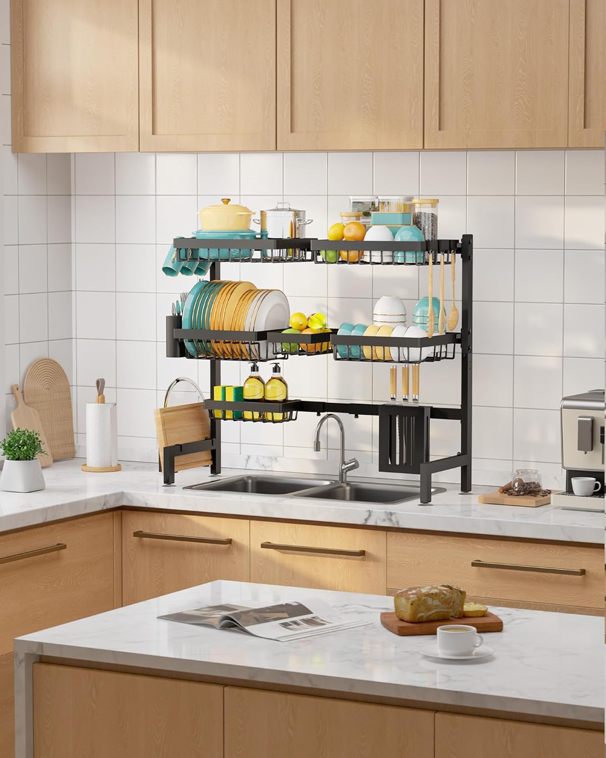 Sakugi Over The Sink Dish Rack – Sleek Black Kitchen Decor Accent, Adjustable Stainless Steel Design