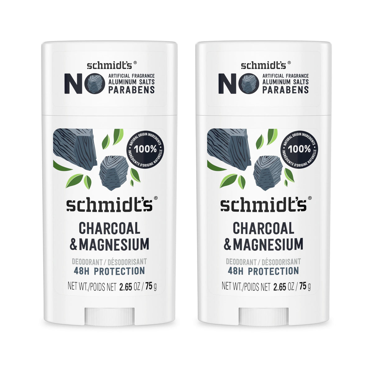 Schmidt&amp;#39;s Aluminum-Free Vegan Deodorant Charcoal &amp;amp; Magnesium with 48 Hour Odor Protection, 2 Count for Women and Men, Natural Ingredients, Cruelty-Free, 2.65 oz, Pack of 2