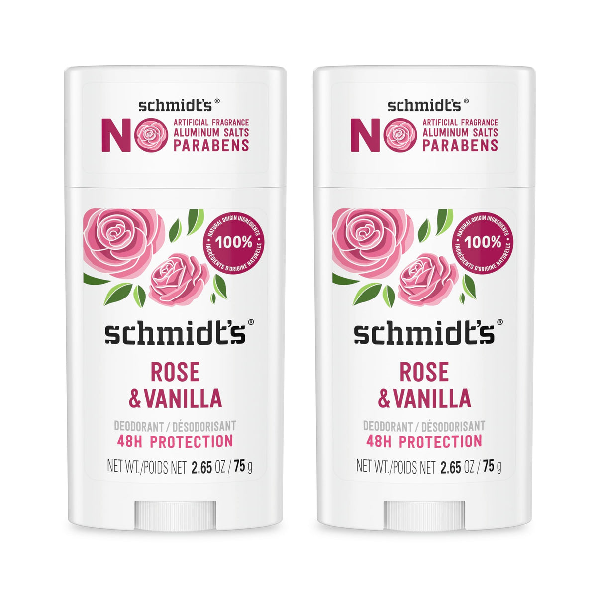 Schmidt&amp;#39;s Aluminum-Free Vegan Deodorant Rose &amp;amp; Vanilla with 24 Hour Odor Protection 2 Count for Women and Men, Natural Ingredients, Cruelty-Free, 2.65 oz