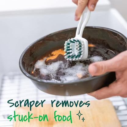 Scotch-Brite Dish Brush with Built-In Scraper for Burnt Food and Baking Sheets, Gentle on Non-Stick and Stainless Steel