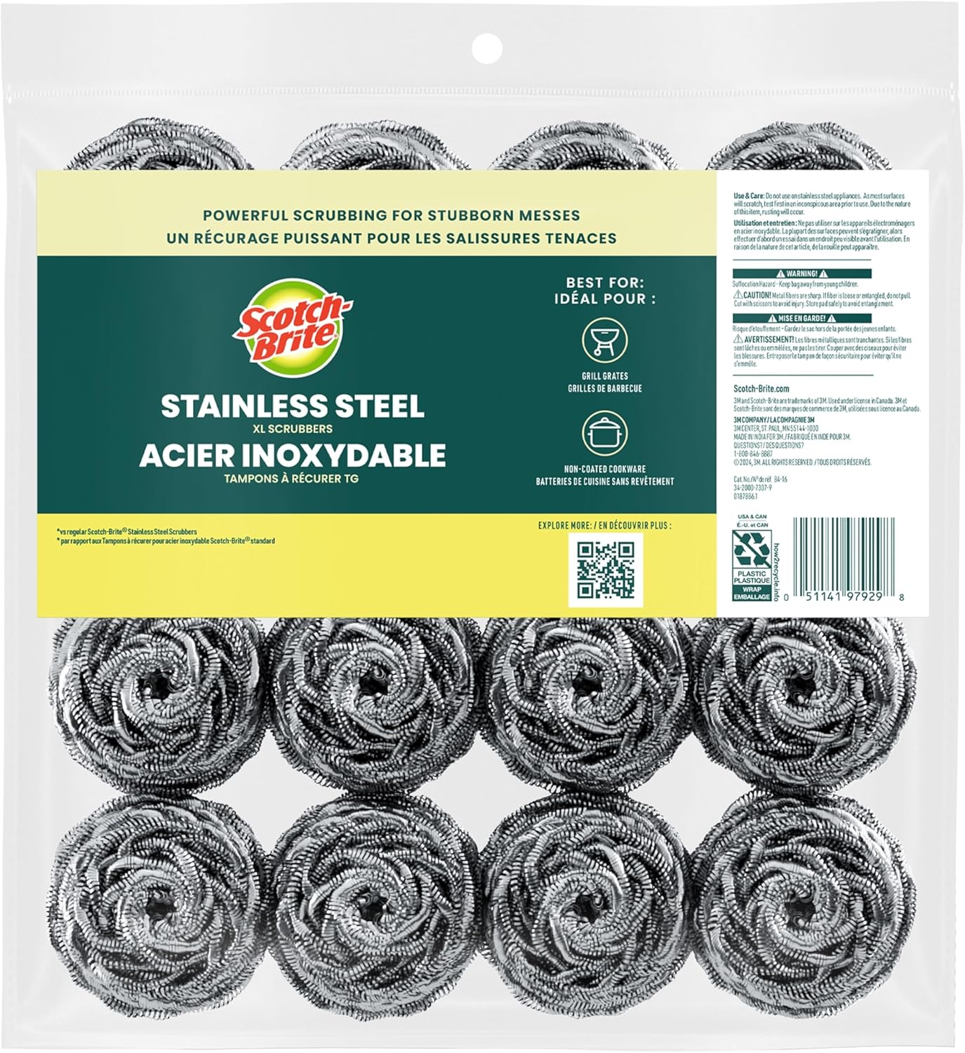 Scotch-Brite Heavy-Duty Grill Scrubbers for Patio and Picnic Cleanup, Reusable Scouring Pads for Cast Iron and Grates 3 Pack