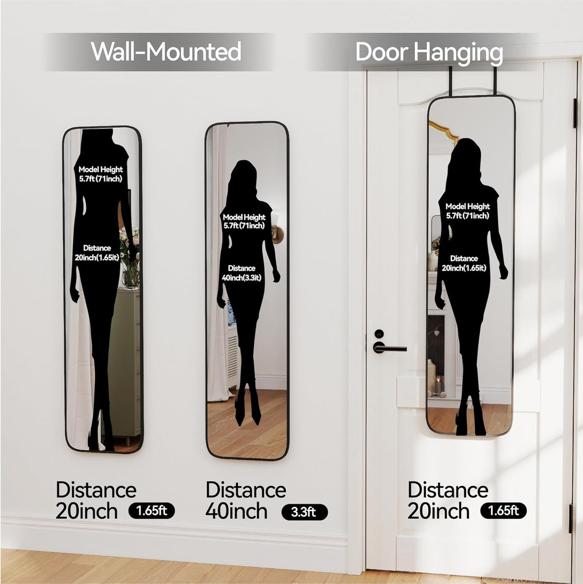 SCWF-GZ Full Length Mirror – Renter-Friendly Over-Door Mount, No Wall Damage for Apartments and Kids' Rooms